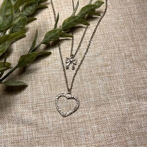 VINTAGE Silver Layered Y2K Crystal Heart and Bow Stacked Long Necklaces
